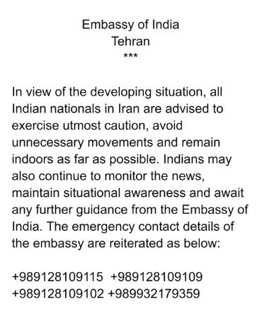 Indian Nationals in Iran Advised to Stay Indoors