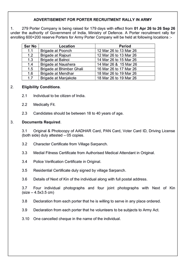 Indian Army Announces Porter Recruitment Rallies