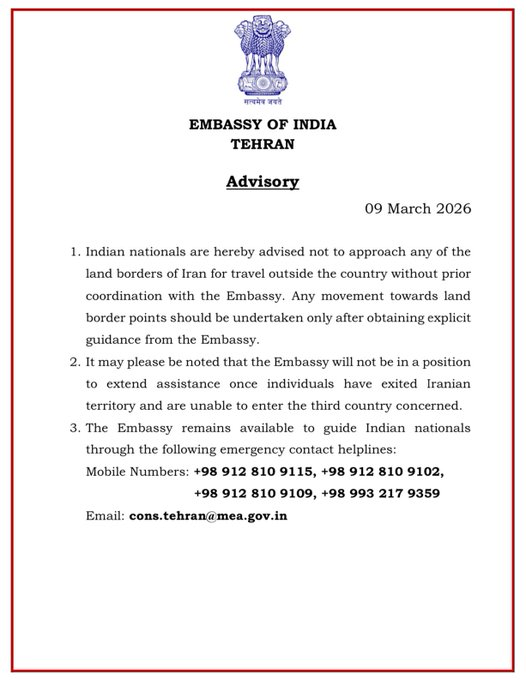 Indian Embassy Warns Against Uncoordinated Land Travel in Iran