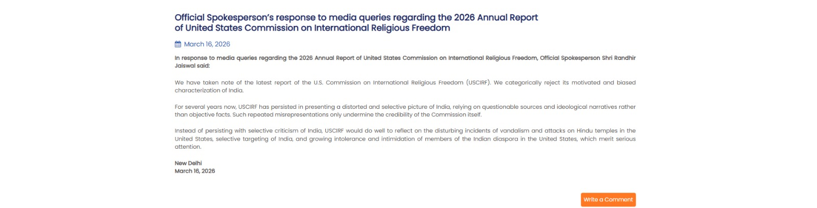 India Challenges USCIRF's Assessment of Religious Freedom.webp