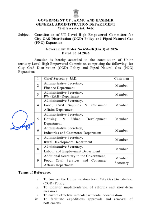 J&K Government Establishes Committee for Gas Infrastructure