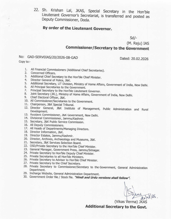 Jammu & Kashmir: Key Officers Transferred in New Administrative Changes